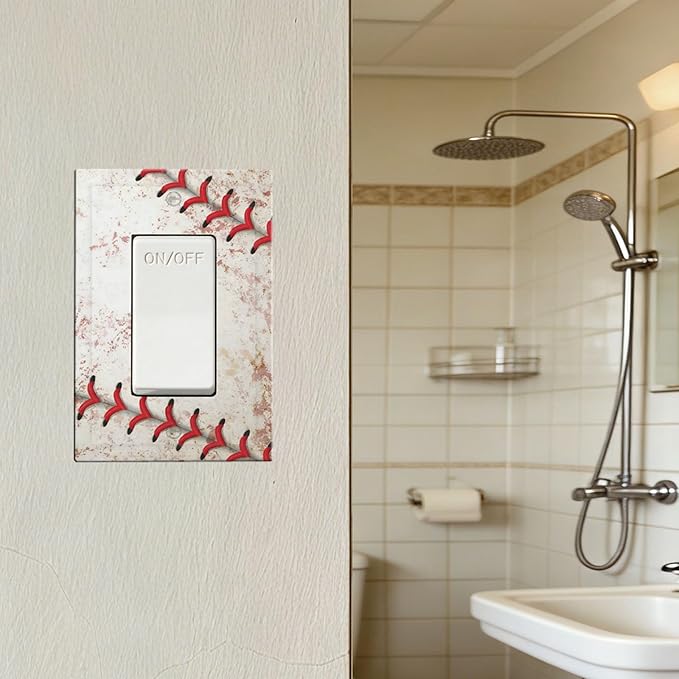 Vintage Baseball Stitch & Distressed Leather Single Rocker Switch Cover - 1-Gang Standard US Size Home Run Game Themed Light Switch Covers for Boy's Bedroom Decor