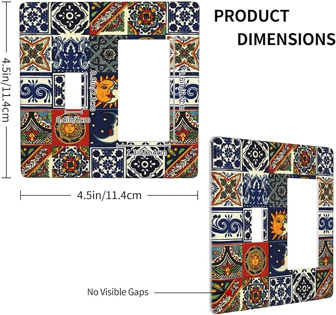 Boho Moroccan Mandala Mexican Tiles 2 Gang Single Toggle/Decorator Combination Light Switch Cover Decorative Combo 1-Toggle/1-GFCI/Rocker Wall Plate Cover