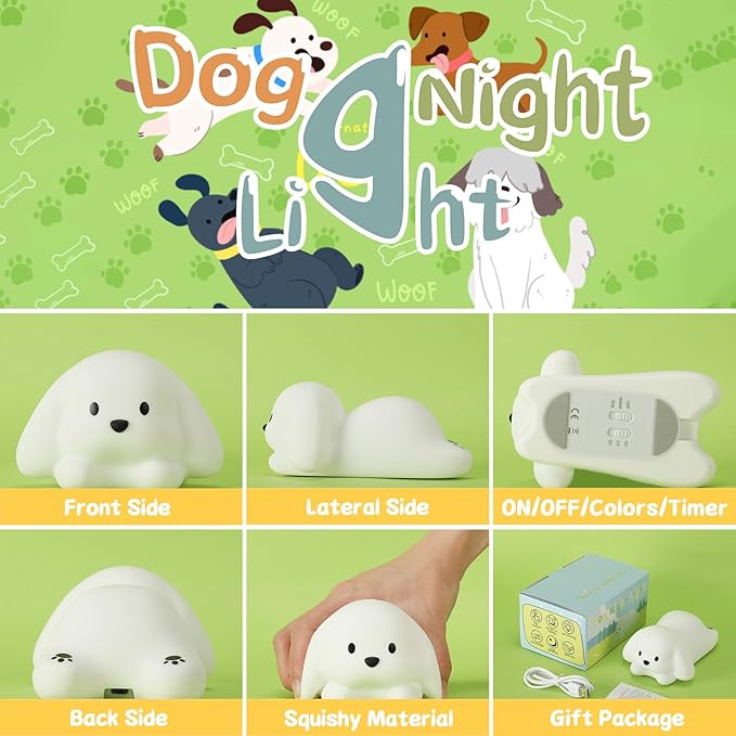ZKLiLi Night Light for Kids Lamp, 16 Colors Lamp Cute, Dimmable Baby Night Lights for Nursery,Silicone Rechargeable Nightlight for Kids Room, Kawaii Room Decor (Dog)