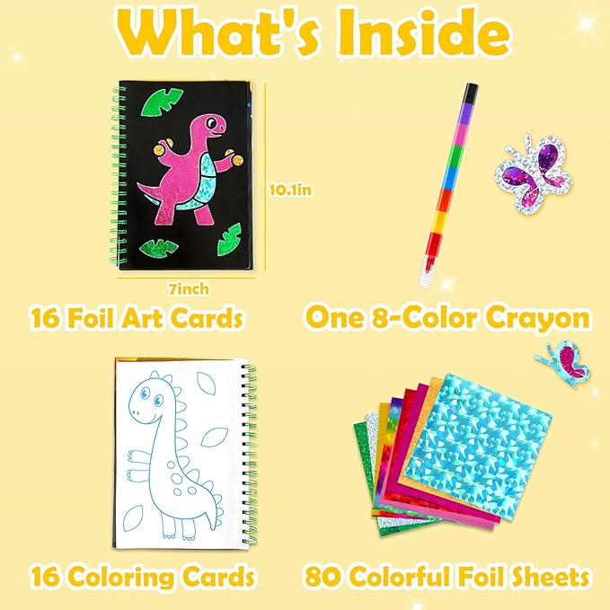 FUNNYB&G Foil Art Crafts for Kids Ages 4-8: Mother's Day 2026, Birthday Gift for Kids, Art and Crafts Supplies, Party Favors, Creative Toys for Kids 4 5 6 7 8 9 Years Old(Dinosaur Ainmal)