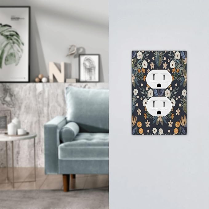 Boho Leaf Floral Navy Blue Background Single Duplex Wall Plate Covers Light Switch Cover 1 Gang Outlet Plate Decorative Switchplate Covers Electrical Faceplate for Farmhouse Bedroom Bedroom Decor