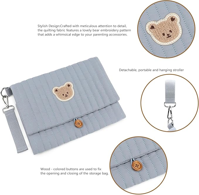 MOMIGO Baby Diaper Bag Organizer Pouches - Waterproof Pod Foldable Diaper Organizer Set, Cute Bear Bag Gift for Baby Shower (Blue)
