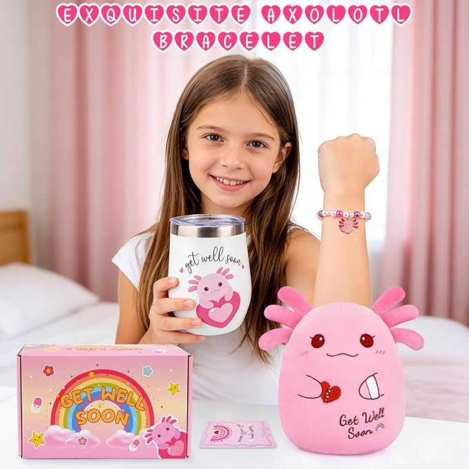 Get Well Gifts for Kids, Feel Better Gifts for Kids, Get Well Soon Basket with 8 inch Axolotl Get Well Soon Stuffed Animals, Get Well Gift Set for Girls After Surgery