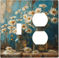 Delicate White Daisy Jars Retro Wood Background Wallplates 1 Toggle 1 Duplex Switch Plate Electrical GFCI Faceplate Decorative Light Switch Covers for Farmhouse Home Decor
