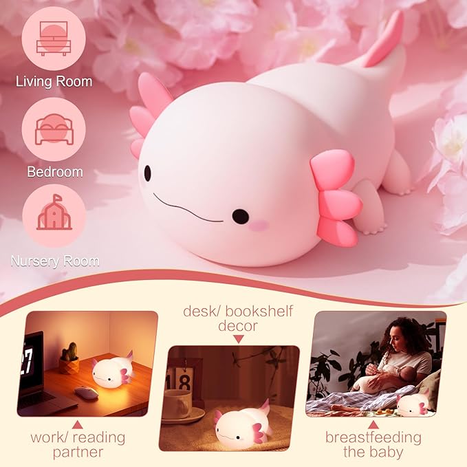 YR YRHH-PET Axolotl Cute Night Light, Kids Squishy Rechargeable Axolotl Lamp, Mom Mothers Day Gifts, Girl Bedside Animal Nightlight, Dimmable Silicone LED Toy Pink Light, Baby Nursery Kawaii Décor
