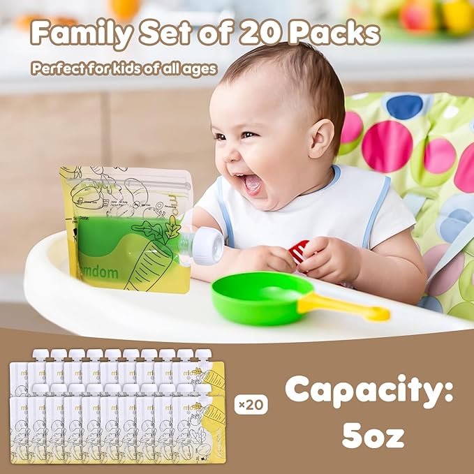 20 Pack Reusable Baby Food Pouches for Toddlers, Refillable Squeeze Pouch for Applesauce Yogurt Homemade Organic Puree Juice Snack for Baby Kids Students, Storage Containers, BPA Free, 5oz