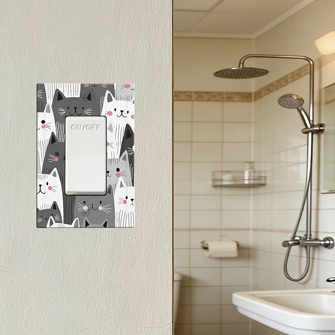 Playful Monochrome Cats with Blush Cheeks Single Rocker Switch Cover - 1-Gang Standard US Size Funny Cat Light Switch Covers for Boys & Girls Bedroom Decor