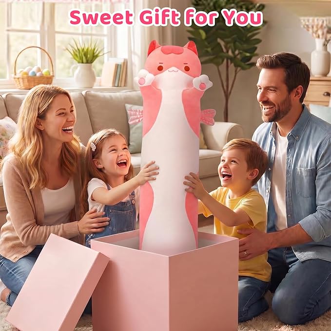 Mewaii Long Cat Plush 5 Sizes, 120% Extra Filling Giant Plushness Kids Body Pillow, Kawaii Cute Pink Cat Stuffed Animals Plushies, Big Long Body Pillow Cat Plush Gift for Girls 36”