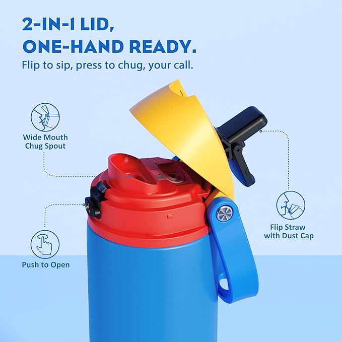 POWCAN 18 oz Insulated Water Bottle with Straw: 2-in-1 with Push-Button Spout & Quick-Flip Straw, Leakproof, Cold 24Hrs, Fits Car Cup Holder, Stainless Steel Cup for Sports, Outdoors (Sailor Quack)