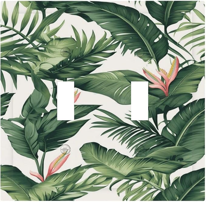 Tropical Leaf Jungle Botanical Palm Tree Greenery Floral Decorative Switch Plates 2 Gang Double Toggle Outlet Light Switch Cover Wall Plate Electrical Faceplate for Bedroom Living Room Decor