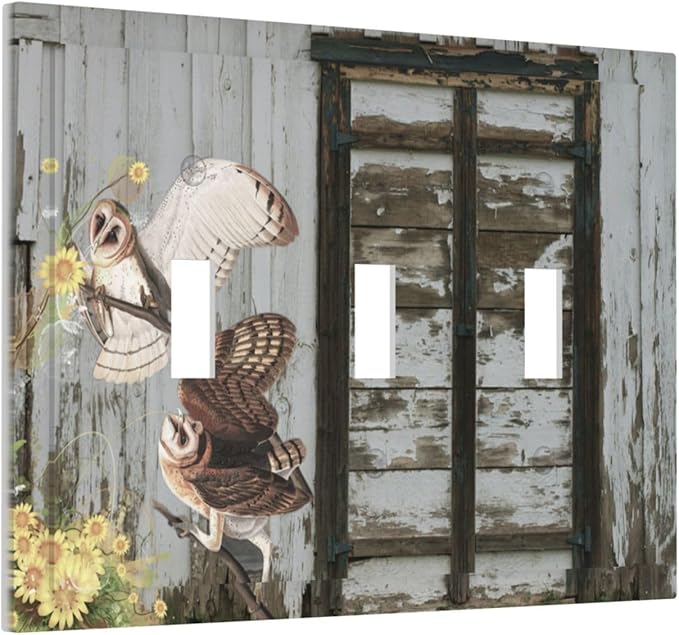 Vintage Brown Blue Old Wooden Door Triple Toggle Light Switch Cover 3 Gang Wall Plate Decorative Antique Barn Door with Owls Sunflower Electrical Facplate for Bathroom Kitchen Home 6.7" x 4.8"