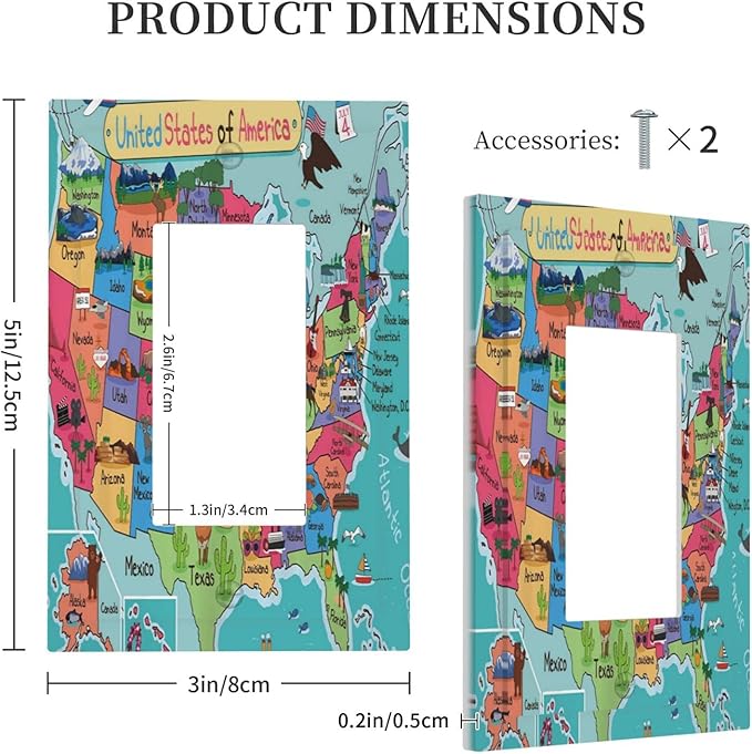 American Map Animal Educational Geography Colorful Landmark Landscape 1 Gang Rocker/Decor Outlet Light Switch Wall Plate Cover Decorative Faceplate Switchplates Bathroom Living Room Bedroom Decorate