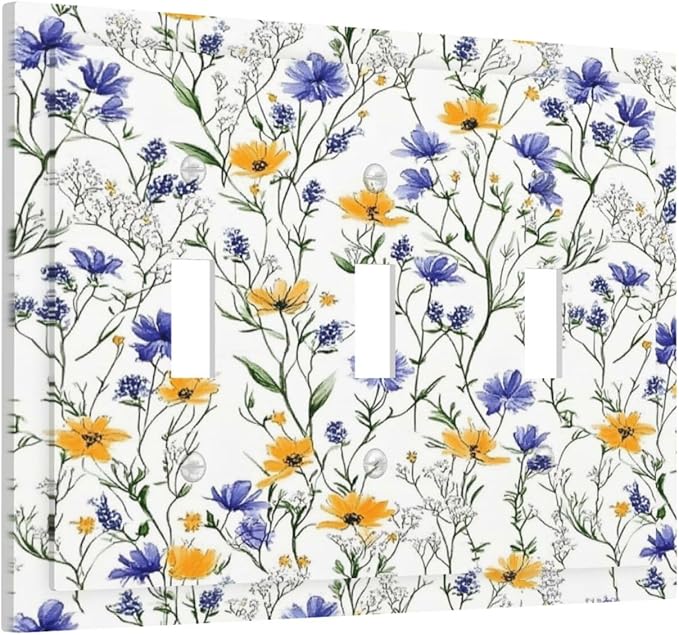 Decorative Switch Plates Floral Colorful Green Leaf Wildflower 3 Gang Wall Plate Triple Toggle Light Switch Cover Faceplate Electrical Wall Panels For Bed Room Living Room Decor