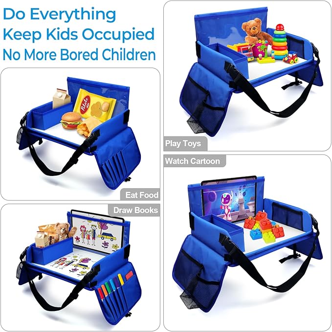 Travel Tray for Kids, Carseat Table Tray for Road Trip Activities, Toddler Lap Desk Organizer for Airplane - Blue
