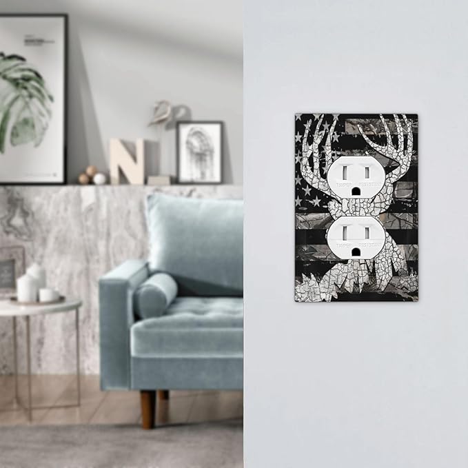American Flag Forest Antler Deer Elk 1 Gang Outlet Plate Covers Decorative Single Duplex Wall Plate Electrical Receptacle Light Switch Cover Electric Switchplate Country Decor