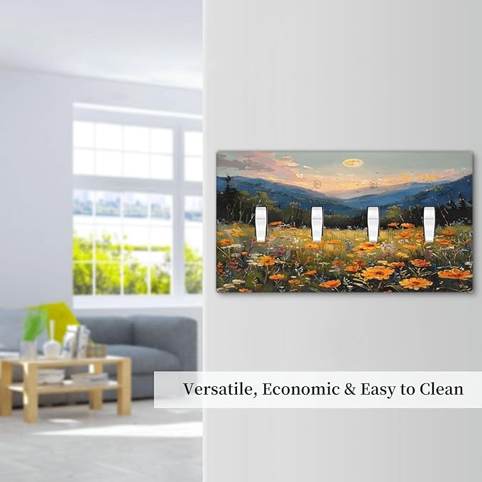 Sunset Wild Flower Field Floral Nature Landscape Light Switch Covers Quad Toggle Electrical Faceplate 4 Gang Wall Plate Decorative Switch Plates Cover for Farmhouse Bedroom Decor