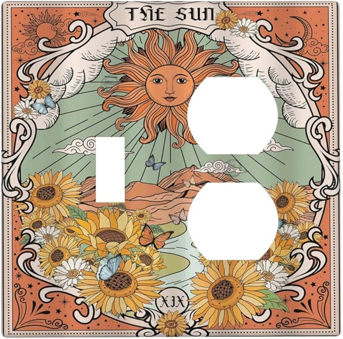 Boho Retro Sun Sunflower Vintage Flower Butterfly Wallplates 1 Toggle 1 Duplex Switch Plate Electrical GFCI Faceplate Decorative Light Switch Covers for Farmhouse Home Decor