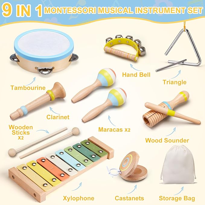 Baby Musical Instruments Set Montessori Wooden Music Toys for Toddlers 3 4 5 Neutral Color Percussion Music Kit with Drum, Xylophone,Storage Bag, Birthday Preschool Learning Gift for Boys Girls