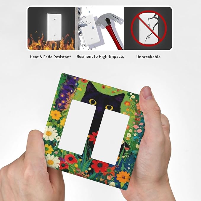 Decorative Art Light Switch Covers BlackCat&Flowers Walk 2 Gang Dual Rocker Outlet Switch plate Faceplate GFCI for Home Decor