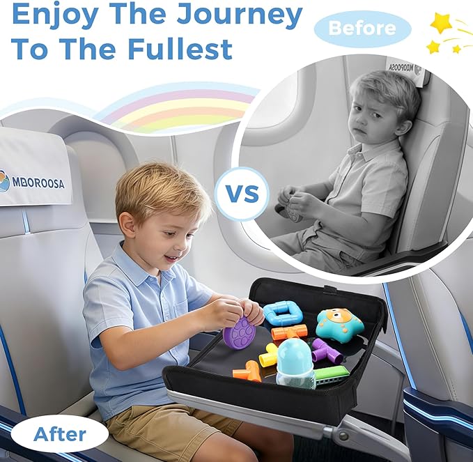 COOLBEBE Airplane Tray Table Cover, Foldable Travel Tray Cover for Toddlers 1-3, Universal Fit for Airplane, Car Seat, High Chair, Machine Washable, Portable, Black