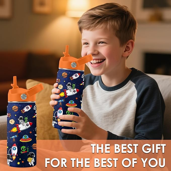 Space Astronomy Gifts for Kids - 16 Oz Kids Water Bottle with Straw Lid, Stainless Steel Insulated Tumbler, Leak Proof, BPA-Free, for Boys, School, Travel - Universe Children Birthday Gifts Cups(1pc)