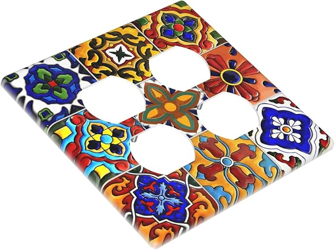 Vintage Colorful Boho Mexican Moroccan Tile Outlet Covers 2 Gang Double Duplex Decorative Light Switch Covers Electrical Wallplates Socket Faceplate for Farmhouse Home Decor