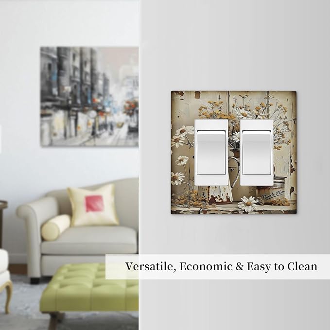 Rustic Flowers Daisy Floral White Wooden Planks Decorative Outlet Covers 2 Gang Double GFCI Rocker Electrical Wall Panels Light Switch Cover Plate for Farmhouse Home Decor