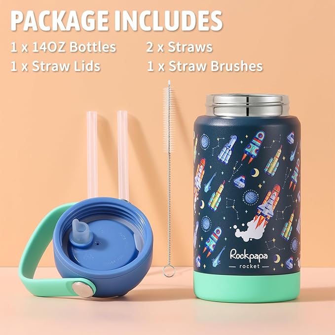 rockpapa 14 oz Kids Insulated Water Bottle，Stainless Steel Toddler Cups with Straws, BPA Free, Leak-Proof, Kids Water Bottle for School Boys& Girls (Blue Rocket)
