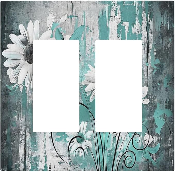 Decorative Outlet Covers Teal Daisy Floral Vintage Wood Plank 2 Gang Double Gfci Rocker Electrical Wall Panels Light Switch Cover Plate For Farmhouse Cabin Decor