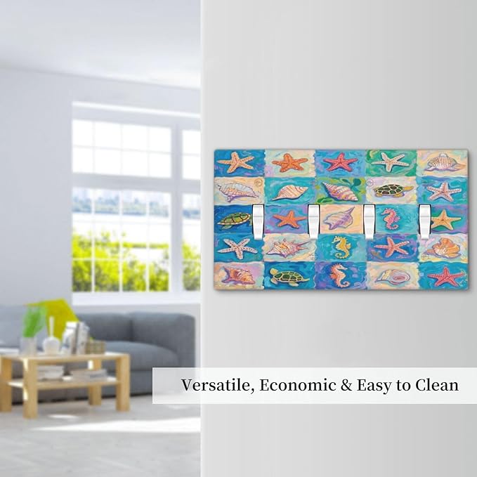 Sea Turtle Starfish Ocean Quad Toggle Wall Plate Decorative 4 Gang Light Switch Covers Electrical Switchplate Home Decorate Faceplat for Bathroom Bedroom Kitchen Room 4.5 x 8 Inch