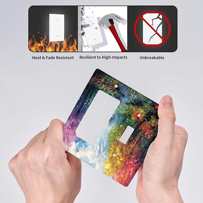 Colorful Forest Snow Mountain River Oil Painting Style Outlet Covers 1 Toggle 1 Rocker Combination Decorative Wall Plate Electrical Switch Plates Light Switch Cover Plate for Bedroom Living Room Decor