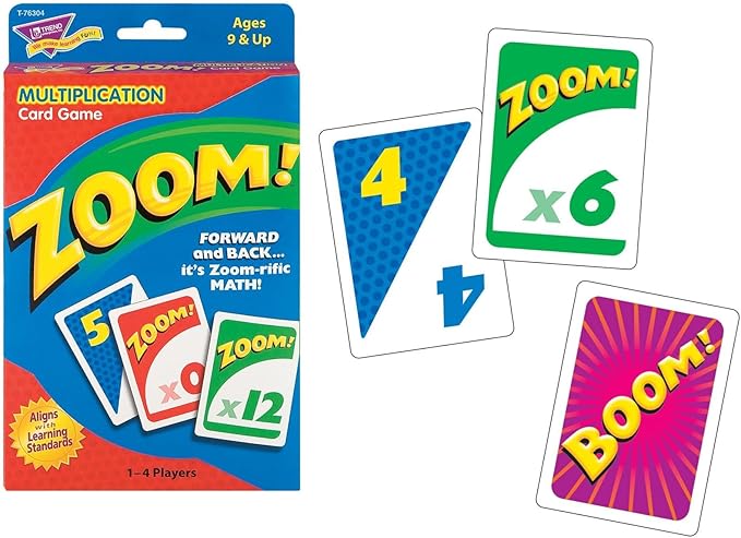 Trend Enterprises: Zoom! Multiplication Card Game, Use Addition Skills, Build Multiplication Skills, Test Probability, Surprise Cards Send Scores to Zero, 1 to 4 Players, for Ages 9 and Up