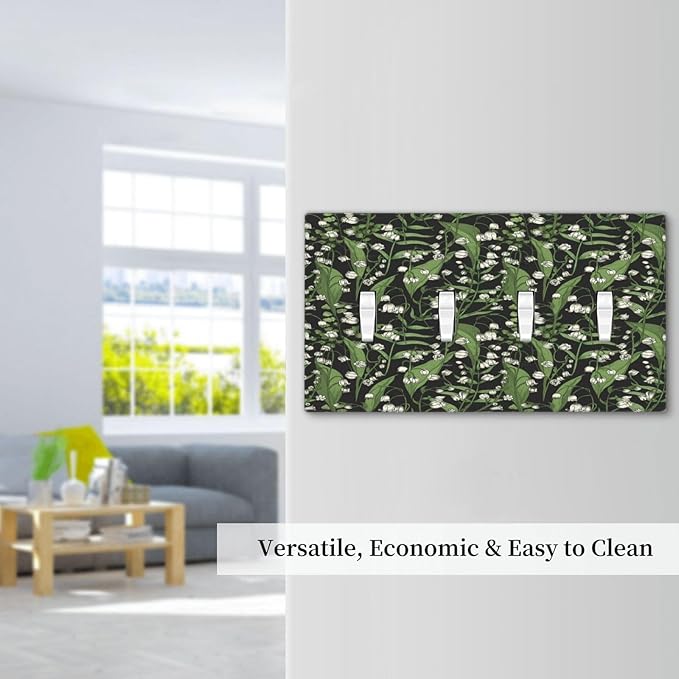 Boho Floral Green Leaves White Flowers Light Switch Covers Quad Toggle Electrical Faceplate 4 Gang Wall Plate Decorative Switch Plates for Farmhouse Bed Room Decor