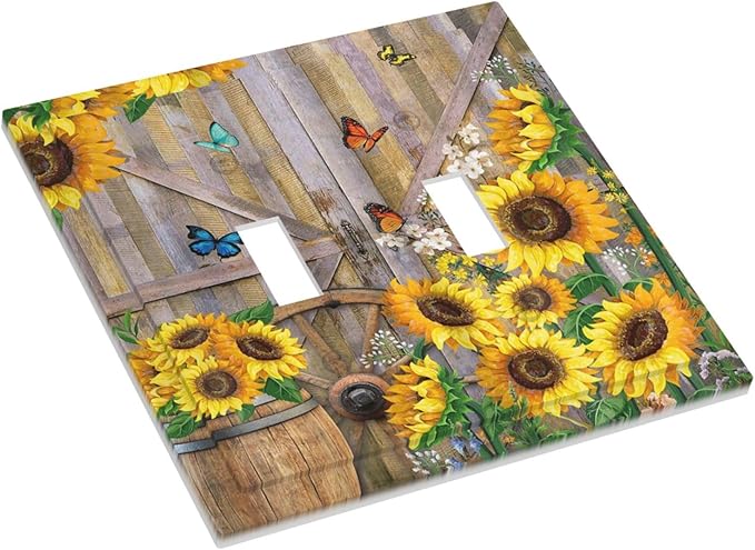 Rustic Sunflower Barn Door Wood Plank Double Toggle Light Switch Covers Decorative 2 Gang Wall Plate Electrical Faceplate Switchplate for Farmhouse Bathroom Bedroom Living Room Decor