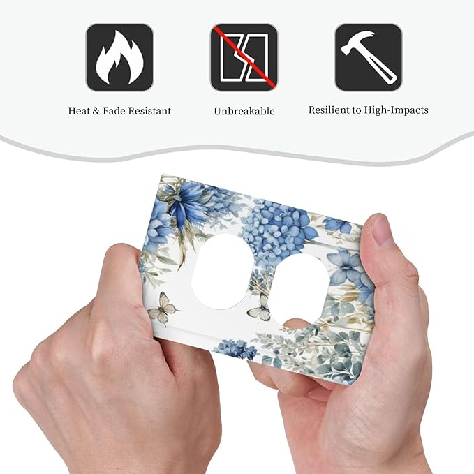 Decorative Outlet Covers Boho Blue Flowers Rustic Beige Butterfly Leaves 1 Gang Wall Plate Receptacle Duplex Light Switch Cover Plate Single Dual Plug Covers Electrical Switchplate