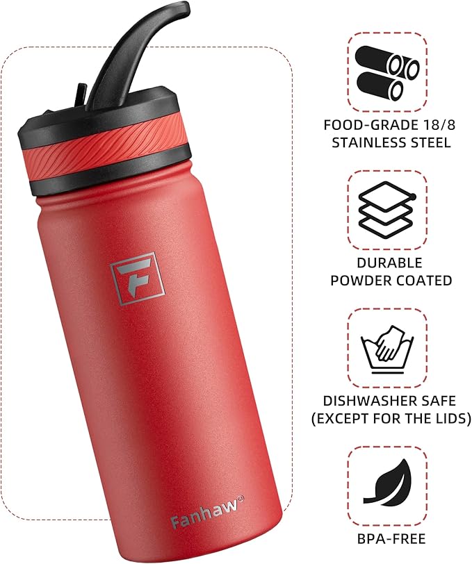 Fanhaw 18 Oz Kids Insulated Water Bottle with Straw Lid – Stainless Steel Double Wall Vacuum, Leak-Proof, BPA-Free Water Bottles for School Boys & Girls(Red)