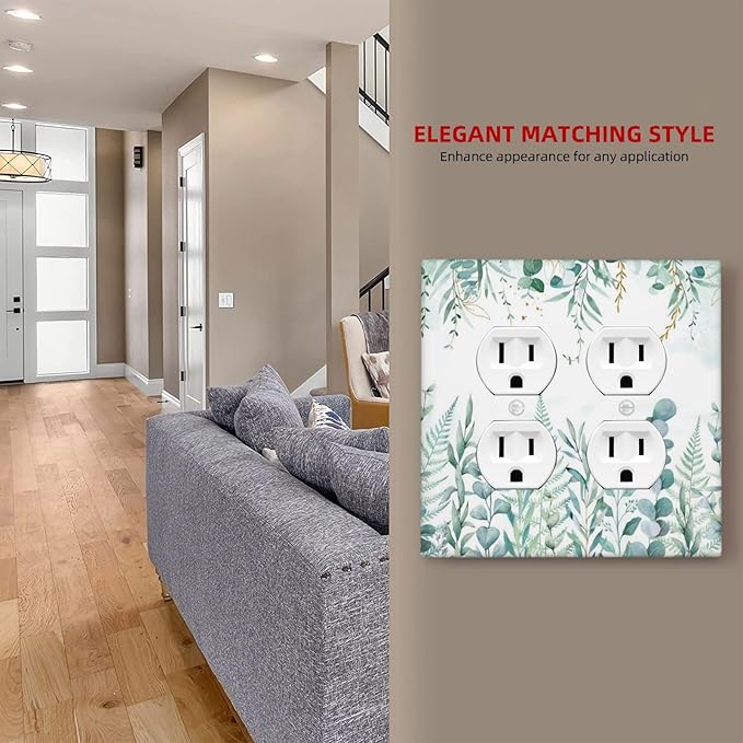 Boho Green Eucalyptus Leaf Floral Sage Flower Outlet Covers 2 Gang Double Duplex Decorative Light Switch Covers Electrical Wallplates Socket Faceplate for Bedroom Living Room Decor