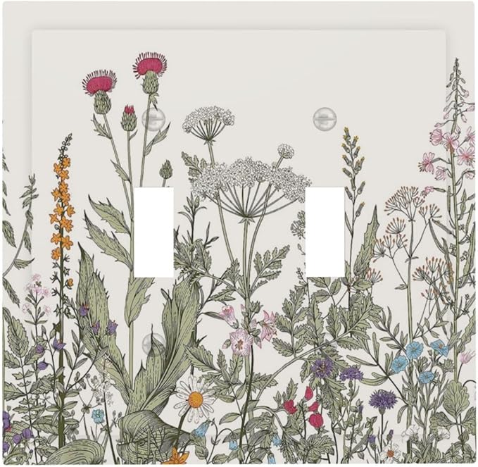 Vintage Colorful Wild Flower Floral Decorative 2 Gang Light Switch Cover Blossom Spring Bloom Herb Sage Botanical Plant Doouble Toggle Dual Device Outlet Electrical Switch Socket Plug Face Plate Cover