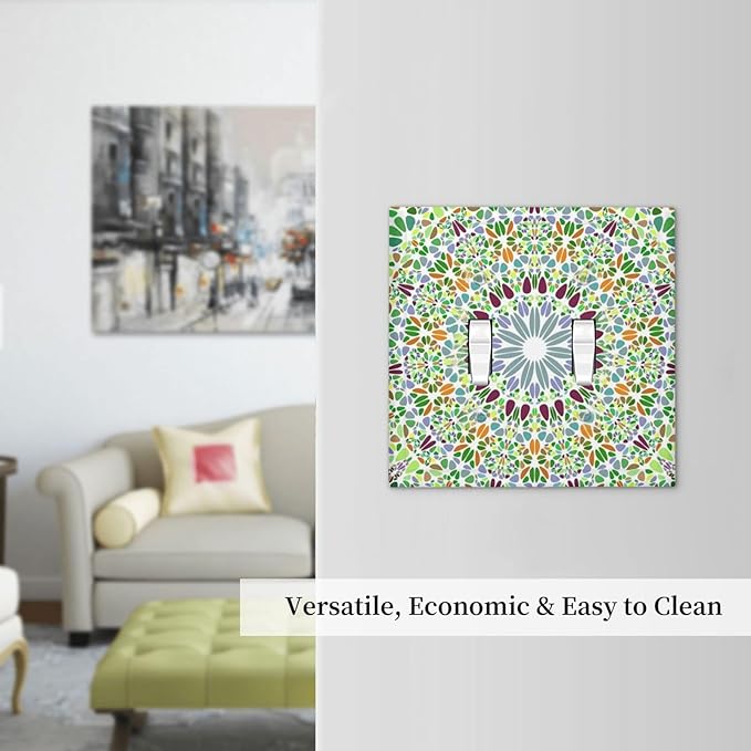 Mandala Flower Abstract Round Mosaic Floral Decorative Switch Plates 2 Gang Double Toggle Outlet Light Switch Cover Wall Plate Electrical Faceplate for Bedroom Living Room Decor