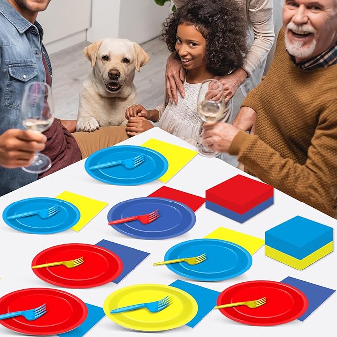 96Pcs Dog Birthday Party Supplies Red Yellow Blue Paper Plates and Napkins Birthday Decorations Puppy Paw Disposable Tableware Set for Kids Colorful Puppy Dog Baby Shower Party Decorations Serves 24