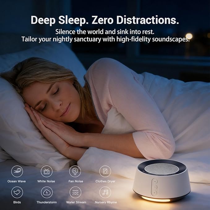 BGOVERSS White Noise Sound Machine with 20 Soothing Sounds, 10 Colors Night Light Sleep Machines Home Office Travel, 5 Timers and Memory Feature Sound Machine for Nursery Baby Kids Adults (White)