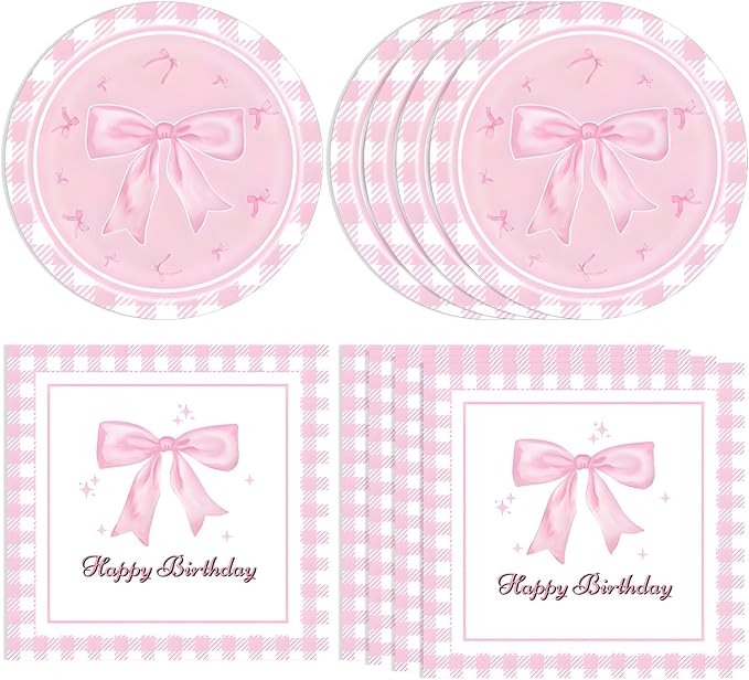 40pcs Pink Bow Party Supplies Bow Birthday Party Plates and Napkins Pink Bow Party Decorations for Girls Bachelorette Party Bride Engagement Decoration Baby Shower Coquette Cute Supplies
