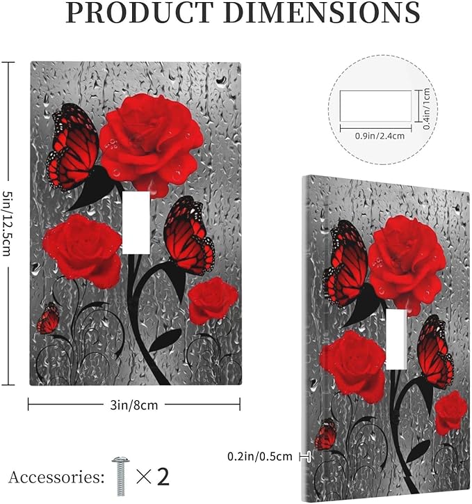 Raindrop Flower Butterfly Red Rose 1 Gang Light Switch Cover Single Toggle Wall Plate Decorative Switchplate Electrical Farmhouse Faceplate Raindrops Floral Girls Kitchen Bathroom Bedroom Decor 5" x 3