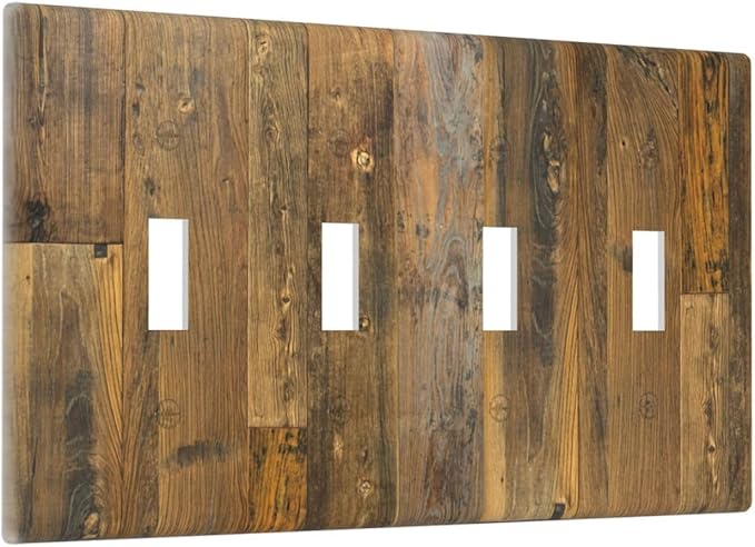 Brown Wood Vintage Rustic Old Board Light Switch Covers Quad Toggle Electrical Faceplate 4 Gang Wall Plate Decorative Switch Plates for Farmhouse Home Decor