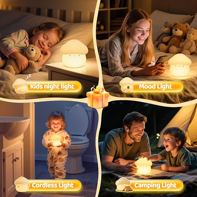 Mubarek Mushroom Lamp, Timer Mushroom Night Light for Kids, Dimmable & Easy Control Cute Lamp, Squishy Silicone Nightlight, Rechargeable Night Light for Baby Nursery, Cute Gifts Kawaii Decor