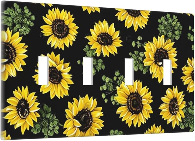 Light Switch Covers Floral Sunflower Plants Flowers Quad Toggle Electrical Faceplate 4 Gang Wall Plate Decorative Switch Plates For Bed Room Farmhouse Decor