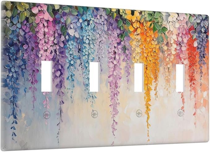 Colorful Wildflower Wisteria Cascade Floral Flower Light Switch Covers Quad Toggle Electrical Faceplate 4 Gang Wall Plate Decorative Switch Plates Cover for Bedroom Living Room Decor