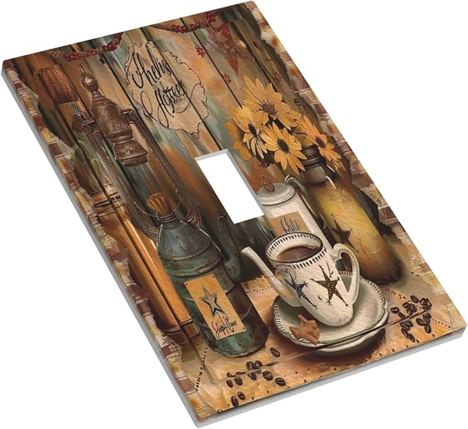 Decorative Switch Plate Covers Vintage Coffee Pot Star Farmhouse Wood Plank 1 Gang Wall Plate Single Toggle Light Switch Cover Plate Jumbo Electrical Switchplate Receptacle Faceplate