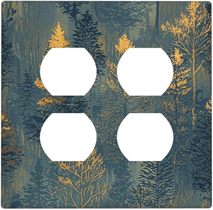 Decorative Outlet Covers with Golden Trees & Abstract Gradient Forest Landscape Design 2 Gang Wall Plate Double Duplex Receptacle Light Switch Cover Switch Plate Cover Blue Retro Home Decor