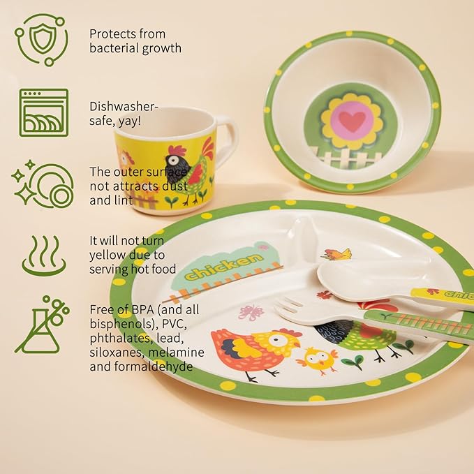 Kids Dinnerware Set, 5-Piece Mealtime Tableware for Children & Toddlers – Includes Divided Plate, Bowl, Cup, Fork & Spoon – Natural Bamboo Fiber, BPA-Free, Dishwasher Safe (Chicken Family)